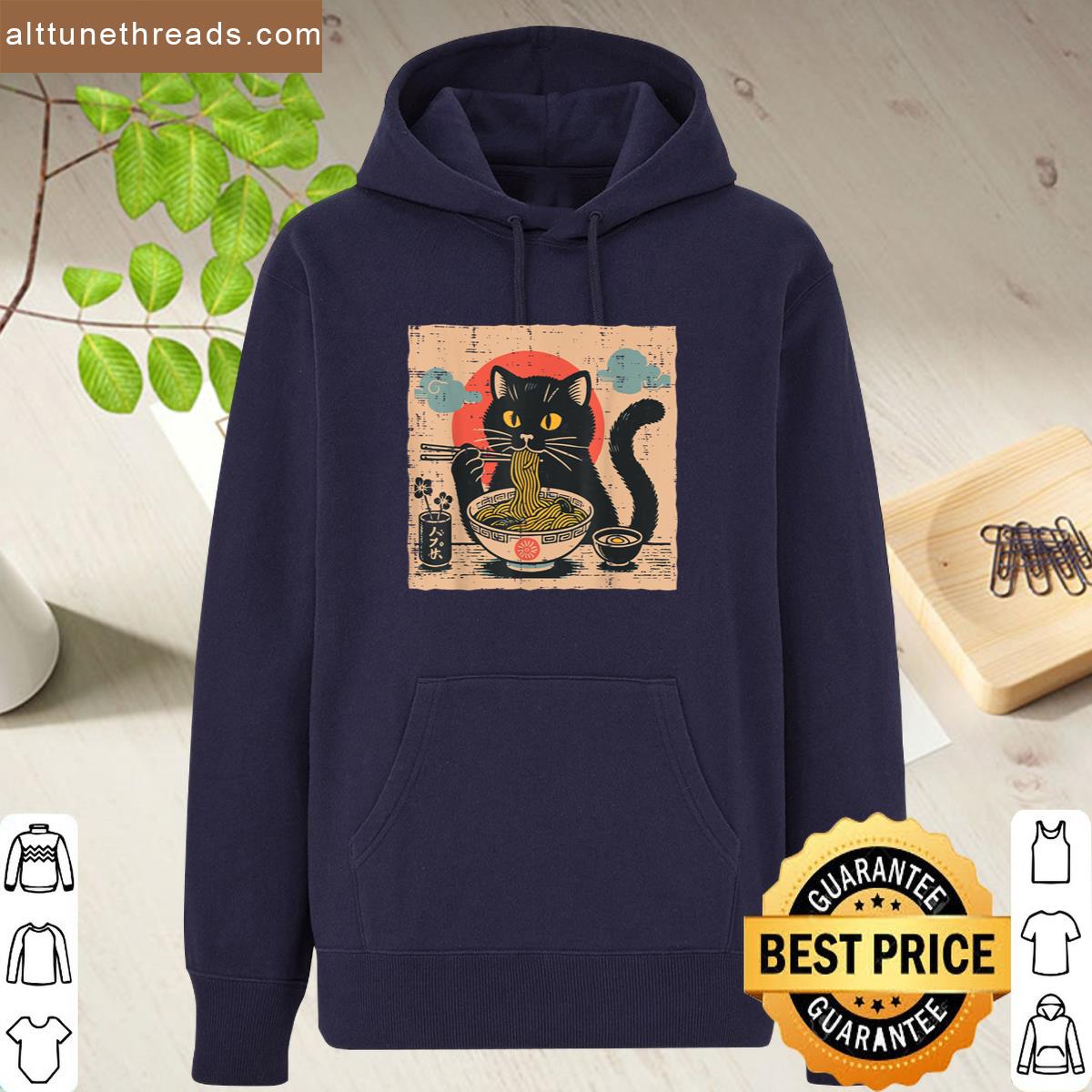 Japanese Black Cat Ramen Sun Retro Kitten Art Women Men Kids Shirt
