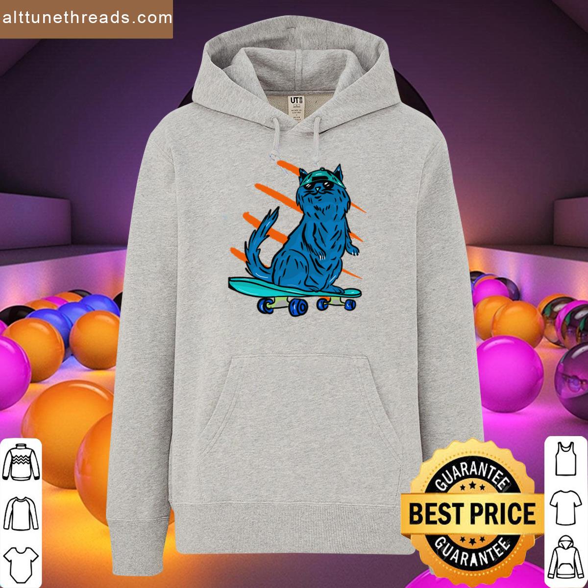 Light Blue Cat With A Cool Cap On A Skateboard Shirt
