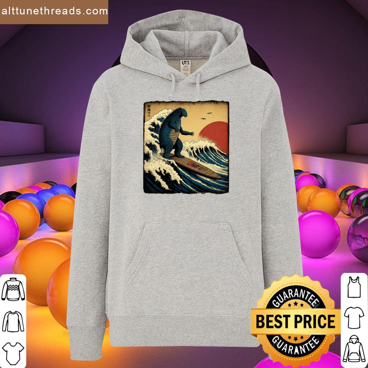 Godzilla Surfing The Great Wave By Hokusai Funny Parody Shirt
