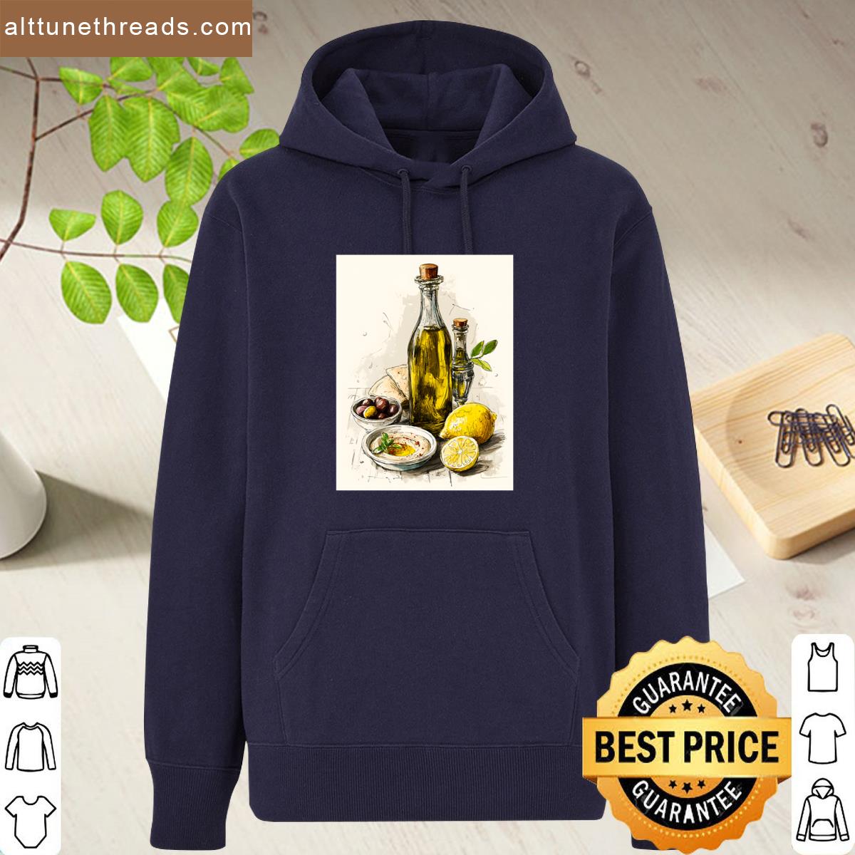 Mediterranean Ingredients Come Together In A Rustic Arrangement With Olive Oil Bottles Lemons Hummus Shirt