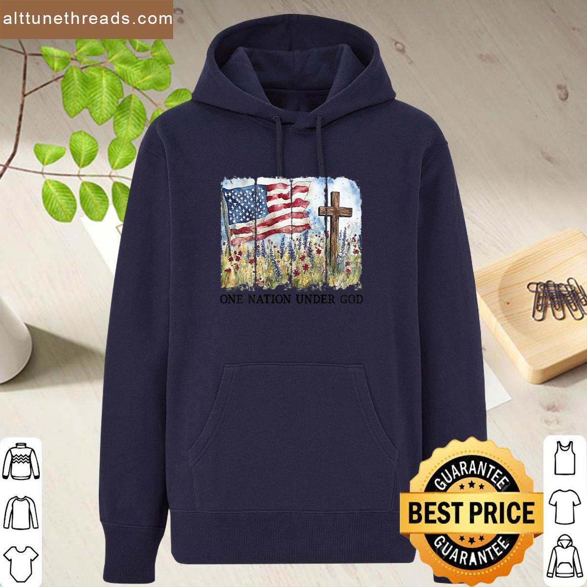 One Nation Under God Usa Flag Cross Floral Christian Women Shirt