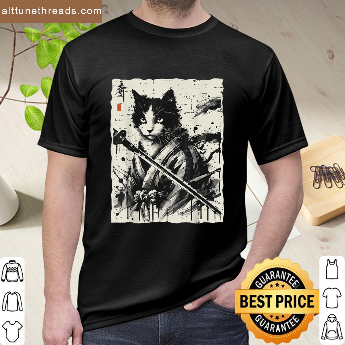 Japanese Ink Cat Warrior Katana Vintage Art Women Men Kids Shirt
