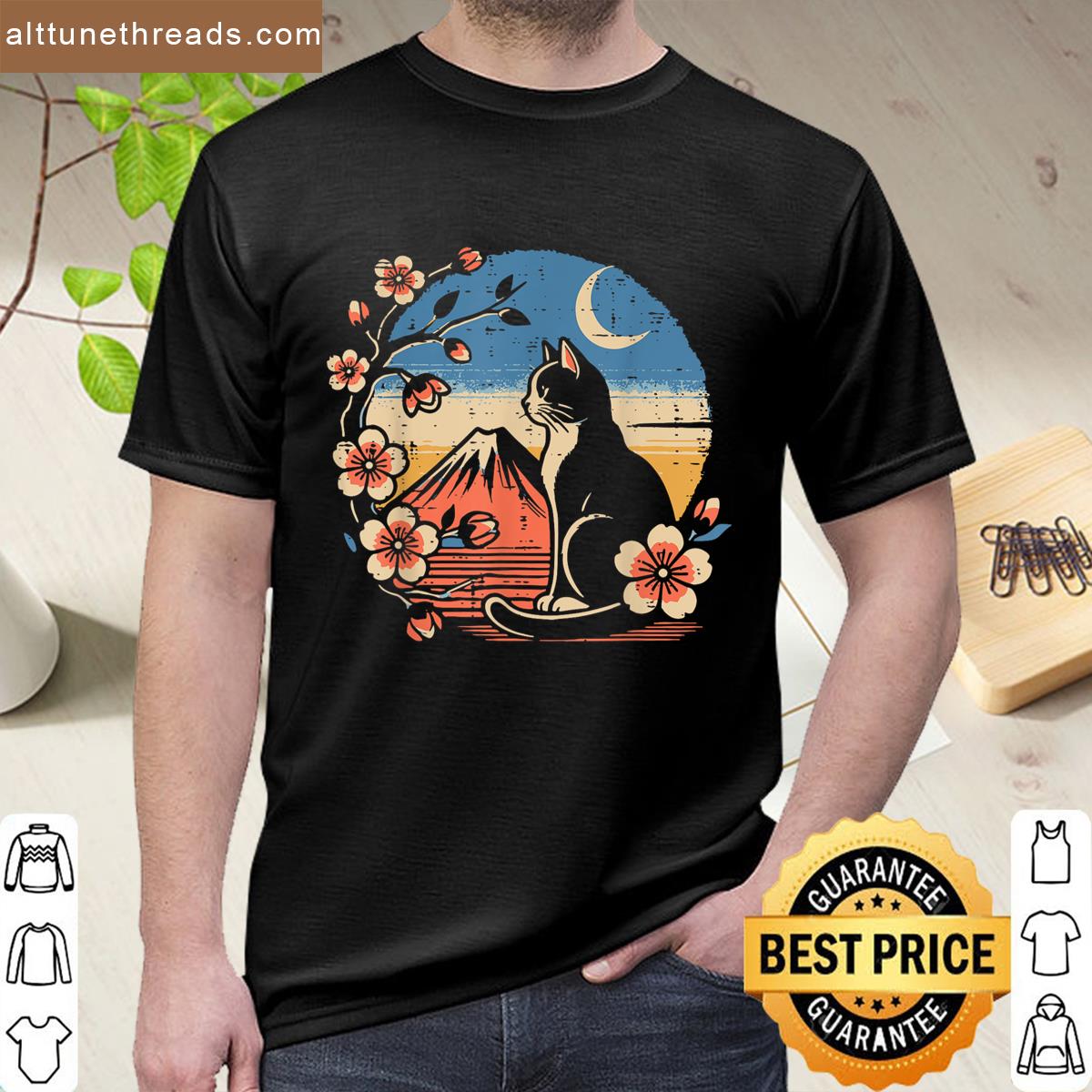Japanese Tuxedo Cat Cherry Blossoms Retro Art Men Women Kids Shirt