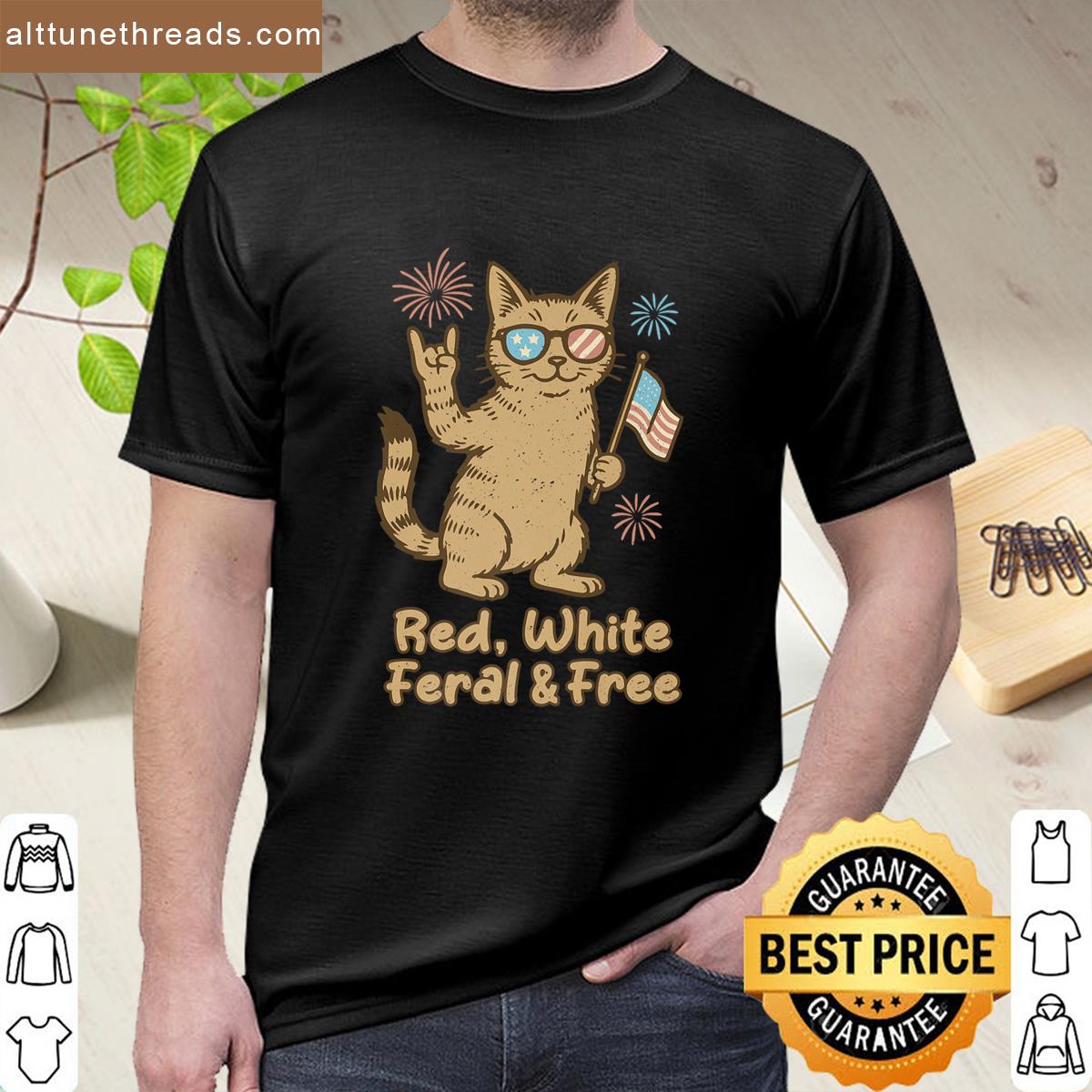 Red White Feral And Free Cat Funny Fourth Of July Kids Tees Premium Shirt