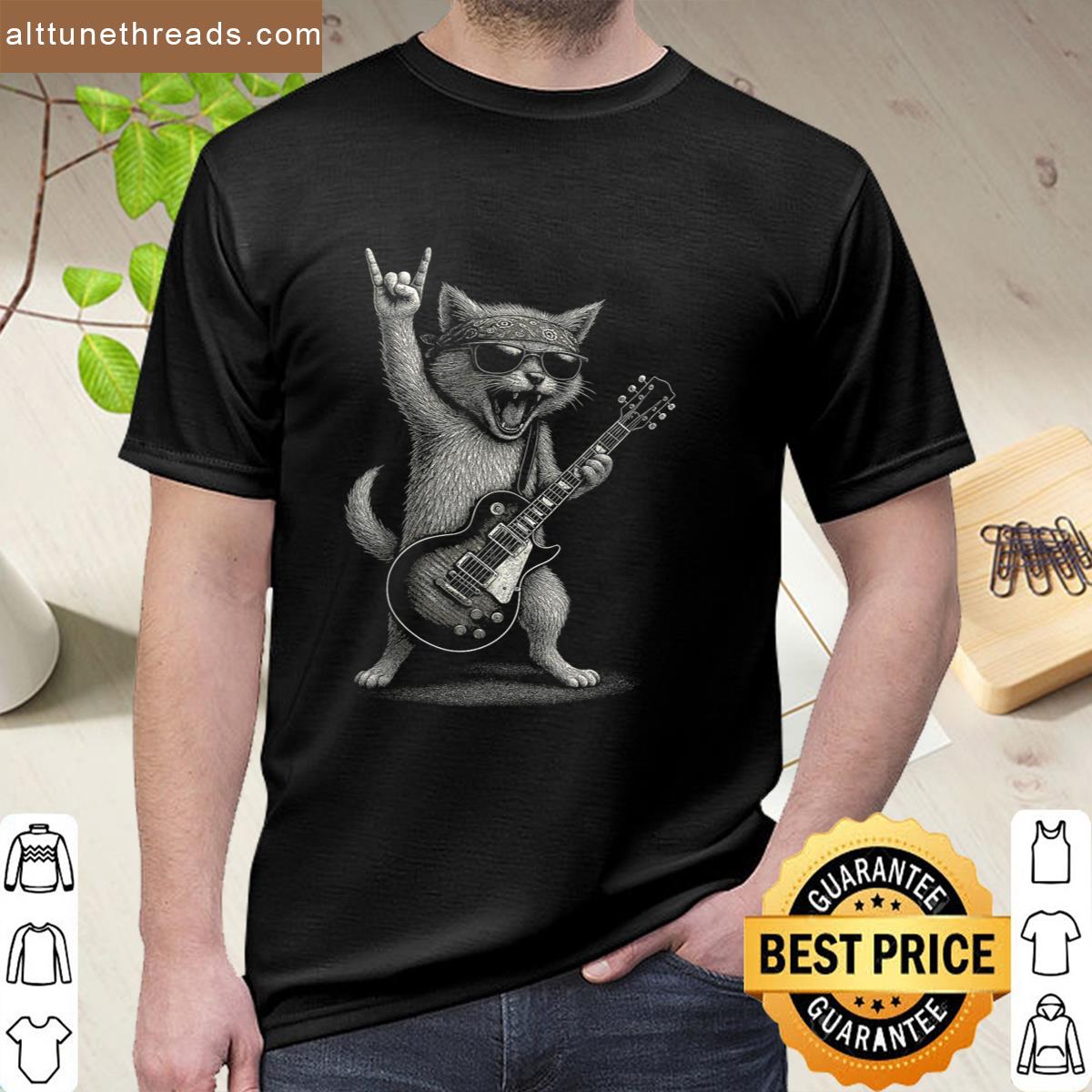 Retro Cat Rock Music Gifts Men Kids Women Funny Cat Guitar Shirt