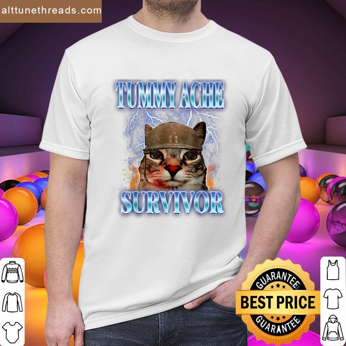 Tummy Ache Survivor Cat Meme Funny Saying Cats Animals Shirt