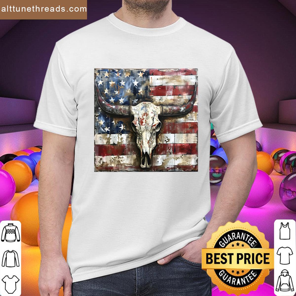 Patriotic American Flag Longhorn Skull Print Shirt