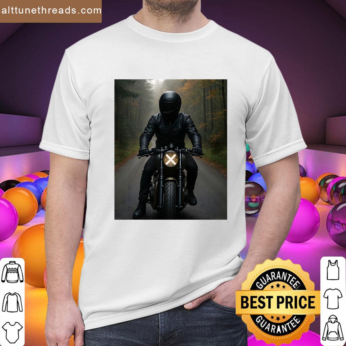 Person On A Motorcycle With A Glowing Headlight On A Forest Road Graphic Shirt