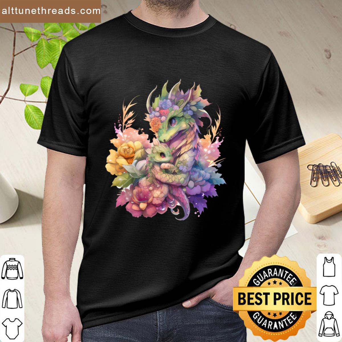 Rainbow Watercolor Mommy And Baby Dragon Kawaii Chibi Flowers Shirt